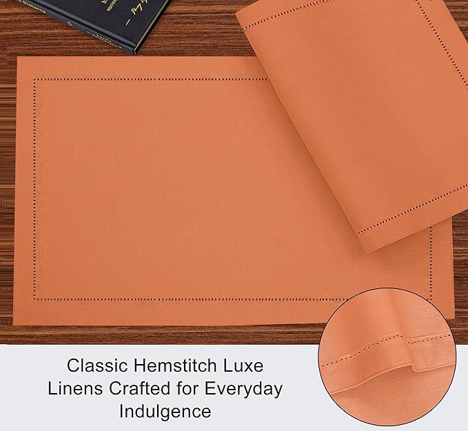 Ruvanti Linen Placemats Set of 6-13x19 Inch, Classic Hemstitch, Heat Resistant Machine Washable Place Mats, Soft & Elegant- Perfect for Christmas, Thanksgiving, Easter, Weddings, Dinner - Orange