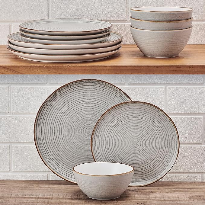 Pfaltzgraff Rowan Gray 12 Piece Plate Bowl Dinnerware Set, Service for 4