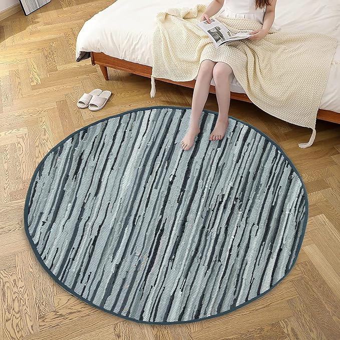 Area Rugs 4Ft Round Charcoal Cotton Rug Farmhouse Handwoven for Bedroom, Bathroom,Living Room | Boho Reversible Washable RagRug Circle Carpet for Kitchen, Patio, Kids Playroom, Nursery