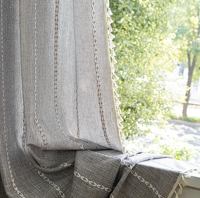 Sutuo Home Boho Curtains for Bedroom Living Room, Semi Blackout Linen Farmhouse Shabby Chic Tassels Window Treatment Bohemian Embroidery Drape, Rod Pocket 1 Panel 52" W x 72" L, Brown