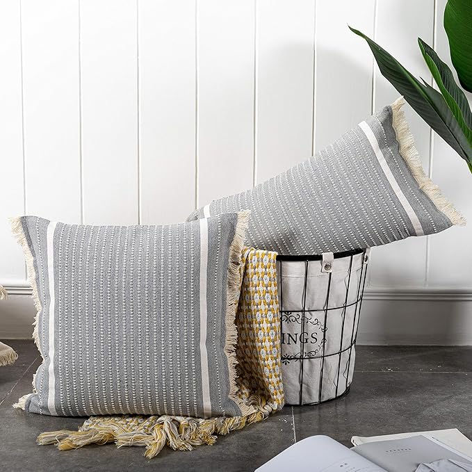 OJIA Modern Throw Pillow Cover with Tassels, Decorative Liana Fringe Accent Cushion Case, Farmhouse Woven Pillowcase for Sofa Chair Couch Bed Decor (Lumbar 20 x 20 Inches, Grey)
