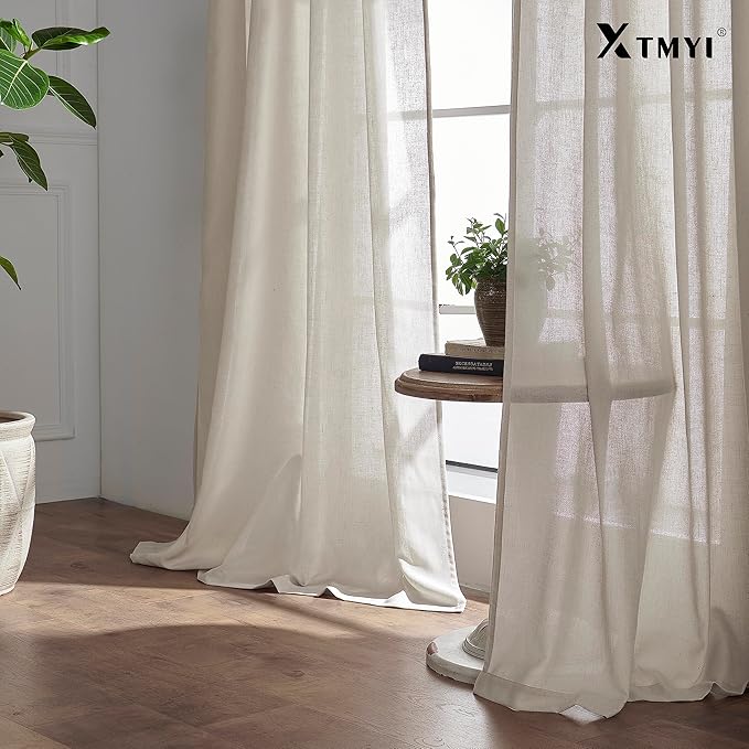 XTMYI Back Tab/Hook Belt Linen Cotton Sheer Curtains for Bedroom 2 Panels,45 Inch Length,Oatmeal Beige