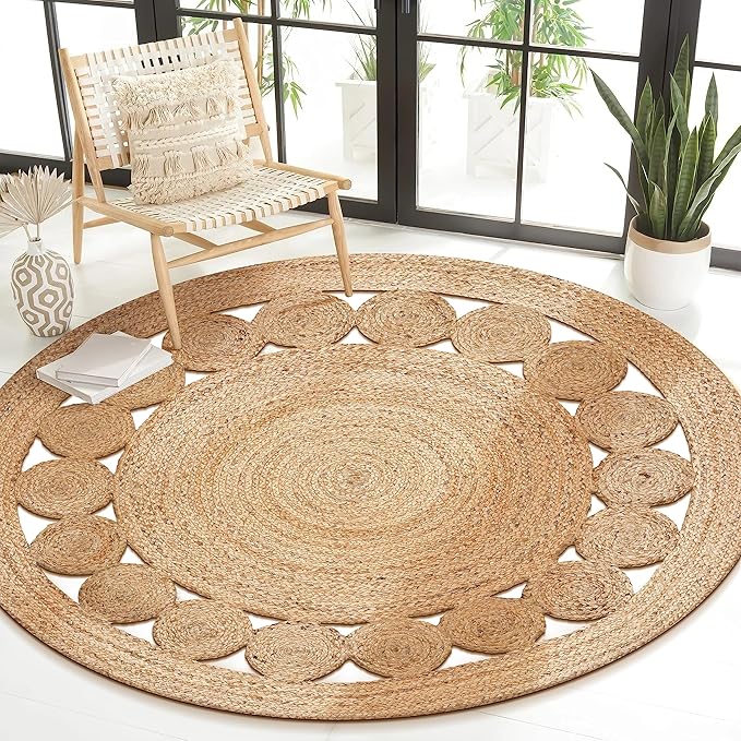 Savi Home Jute Area Rug Handwoven- 4 feet Round- Natural Beige - Rustic Vintage Beige Braided Reversible Rug- Eco Friendly Rugs for Farmhouse, Bedroom, Kitchen, Living Room