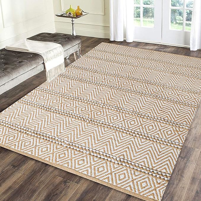 Jute Cotton Stripe Area Rug for Living Room 48x72 Inch - Natural Ivory - Machine Washable 4x6 Feet Rugs - 70% Jute and 30% Cotton