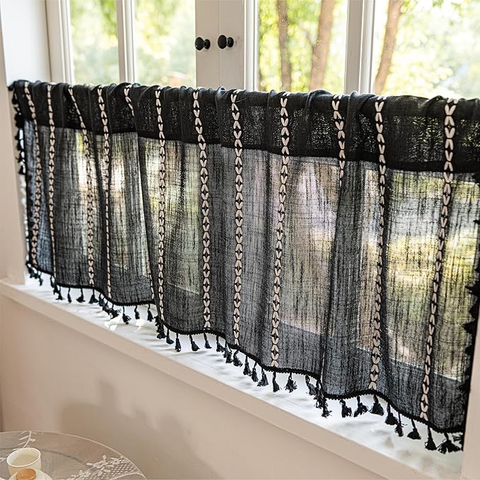 Sutuo Home Boho Valance Curtain Tier 36 inches for Kitchen Cafe Closet, Short Farmhouse Vintage Tassels Window Treatment Bohemian Stripe Embroidery Drape Rod Pocket 1 Panel 52" W x 36" L, Black