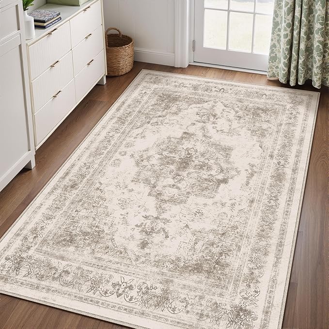 Area Rug 5x7 Washable Taupe Rug Vintage Boho Medallion Large Distressed Retro Carpet for Living Room Non Slip Indoor Low Pile Small Soft Bedroom Dining Room Home Office