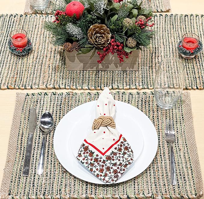 Chardin home Natural Jute - Ombre Green Placemats, Set of 4 13x19 Inch Table Mats, Rustic Handmade Boho Placemat, Perfect for Holidays, Dinner Parties and Also Everyday Meals