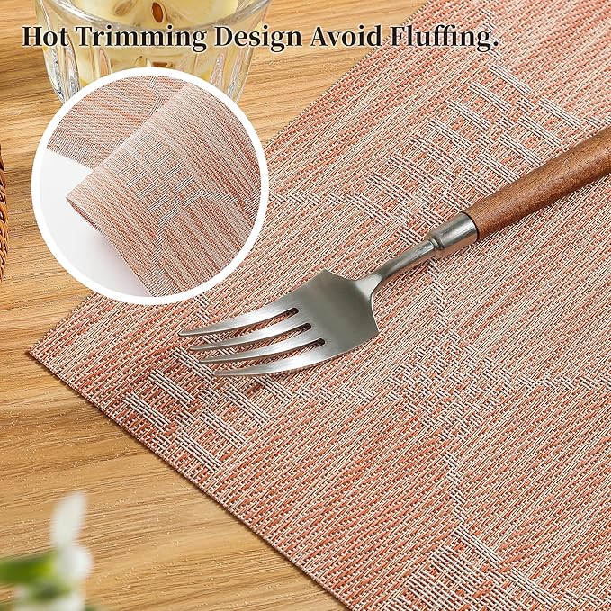 Leetaltree Coral Placemats Set of 12 - Heat Resistant Non-Slip Place mats for Dining Table, Washable Durable PVC Vinyl Woven Table Mats(Coral, 12)