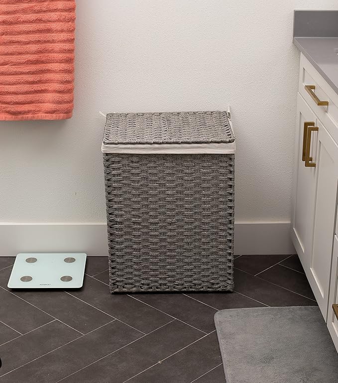 BIRDROCK HOME Laundry Hamper with Lid - Hand Woven PE Rattan Clothes Basket with Removable Liner Bag - Small Collapsible & Foldable Laundry Bin Organizer Storage for Bathroom, Bedroom - Single, Grey