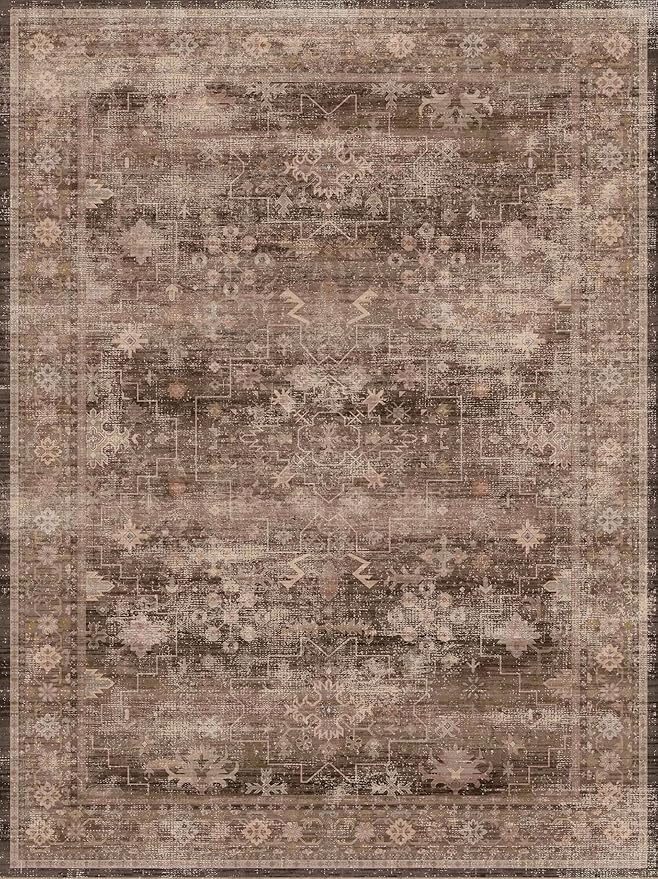 Brown 9x12 Living Room Rug - Vintage Western Eclectic Unique Neutral Taupe, Washable Low Pile Non-Slip Large Area Rugs for Dining Under Table Bedroom Under Bed