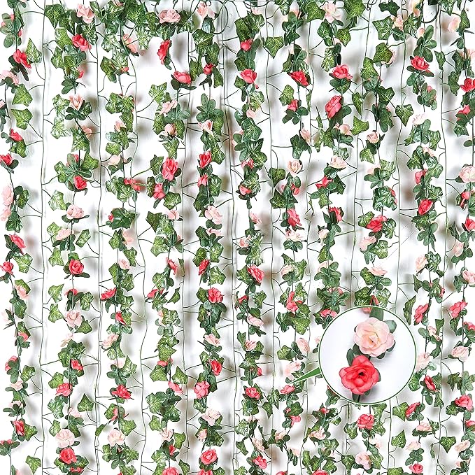 BLEUM CADE 5 Pcs 41Ft Flower Garland Artificial Rose Vines with 5 Pcs 34.5Ft Fake Ivy Vines, Hanging Fake Flower Vines for Wedding Party Valentines Day Christmas Wall Room Decor Aesthetic