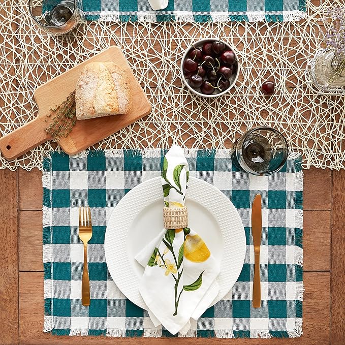 DII Heavyweight Fringed Check Tabletop Collection, Placemat Set, 13x19, Teal, 6 Piece (Pack of 2)