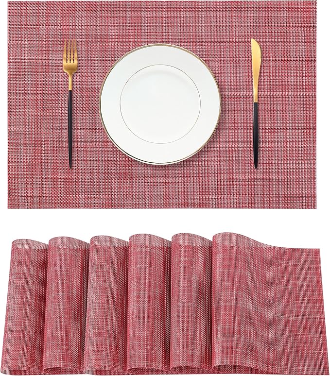Leetaltree Red Placemats Set of 6 - Heat Resistant Non-Slip Place mats for Dining Table, Washable Durable PVC Vinyl Woven Table Mats(Red, 6)