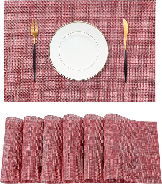 Leetaltree Red Placemats Set of 6 - Heat Resistant Non-Slip Place mats for Dining Table, Washable Durable PVC Vinyl Woven Table Mats(Red, 6)