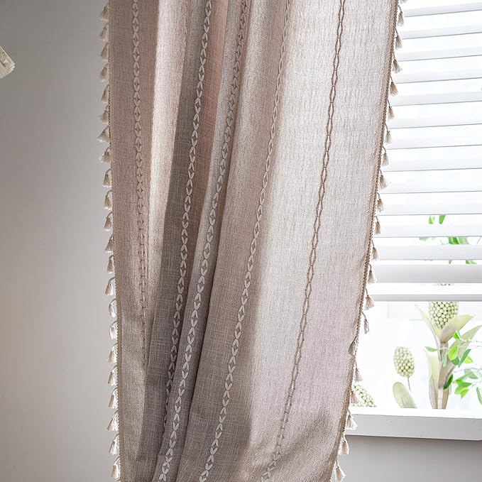 Sutuo Home Boho Curtain for Bedroom 84 Inch Length, Light Filtering Farmhouse Vintage Shabby Chic Tassels Window Treatment Bohemian Embroidery Drape, Rod Pocket 1 Panel 52" W x 84" L, Taupe