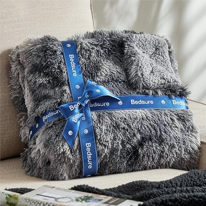 Bedsure Fluffy Tie Dye Grey Blankets Queen Size for Bed, Thick Sherpa Faux Fur Fleece Fuzzy Plush Winter Warm Soft Full Queen Blankets, Bedroom Decor Grey Gifts Cozy Gifts for Women Men, 90x90