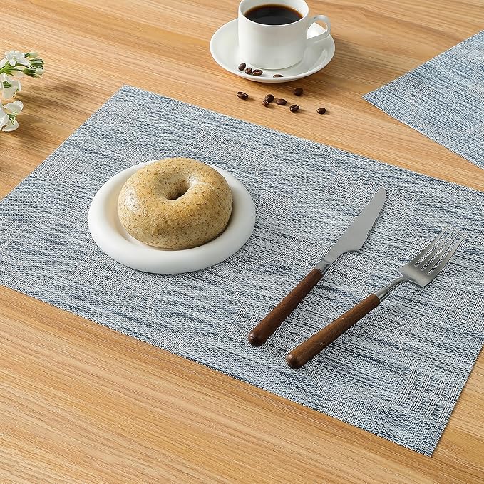 Leetaltree Alice Blue Placemats Set of 6 - Heat Resistant Non-Slip Place mats for Dining Table, Washable Durable PVC Vinyl Woven Table Mats(Jacquard Blue, 6)