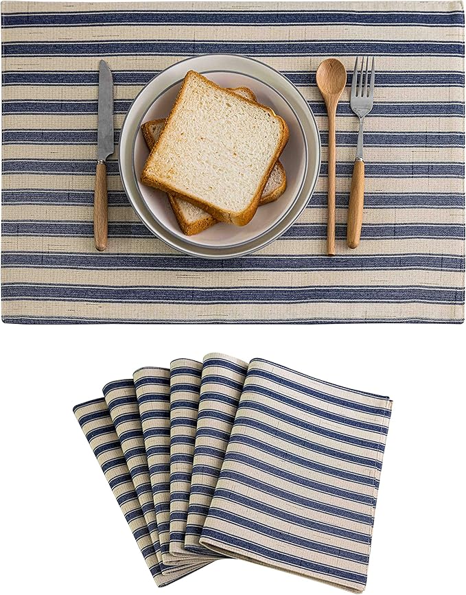 Home Brilliant Placemats Set of 6 Heat Resistant Dining Table Place Mats for Kitchen Table Farmhouse Rustic, 13 x 19 inches, Stripes, Navy Blue and Beige