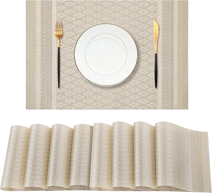 Leetaltree Stardust Yellow Placemats Set of 8 - Heat Resistant Non-Slip Place mats for Dining Table, Washable Durable PVC Vinyl Woven Table Mats(Stardust Yellow, 8)