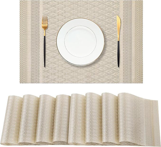 Leetaltree Stardust Yellow Placemats Set of 8 - Heat Resistant Non-Slip Place mats for Dining Table, Washable Durable PVC Vinyl Woven Table Mats(Stardust Yellow, 8)