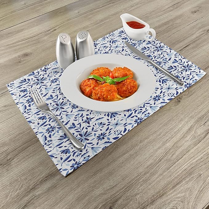 Ambesonne Indigo Place Mats Set of 8, Modern Minimalist Spring Time Flowers Swirls Leaves Image, Washable Fabric Placemats for Dining Table, Placemat 8 pcs, Blue Navy