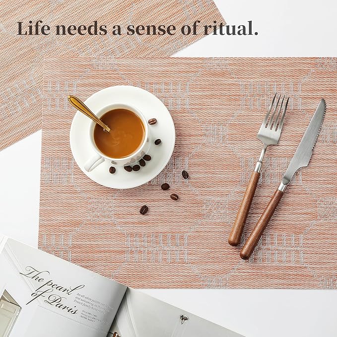 Leetaltree Coral Placemats Set of 6 - Heat Resistant Non-Slip Place mats for Dining Table, Washable Durable PVC Vinyl Woven Table Mats(Coral, 6)