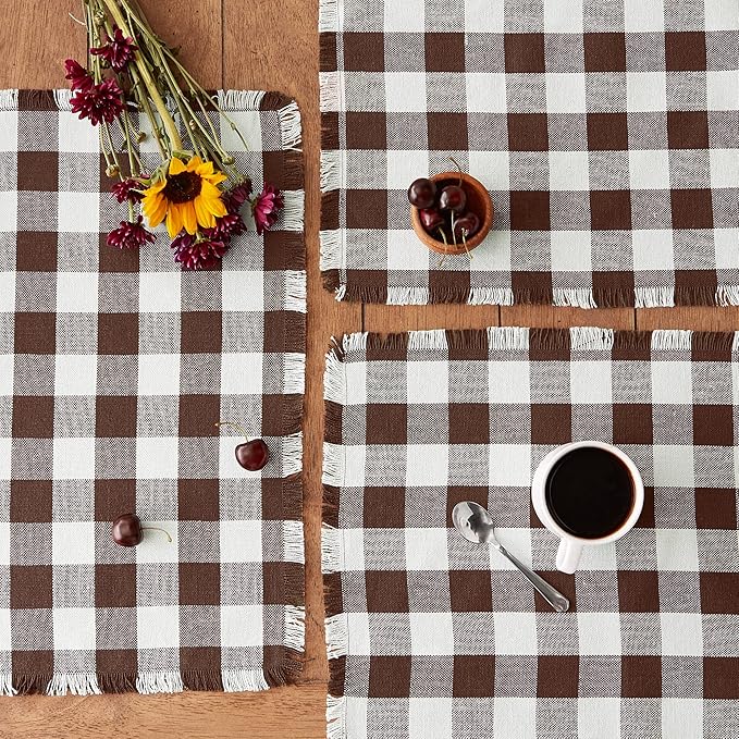 DII Heavyweight Fringed Check Tabletop Collection, Placemat Set, 13x19, Bark Brown, 6 Piece
