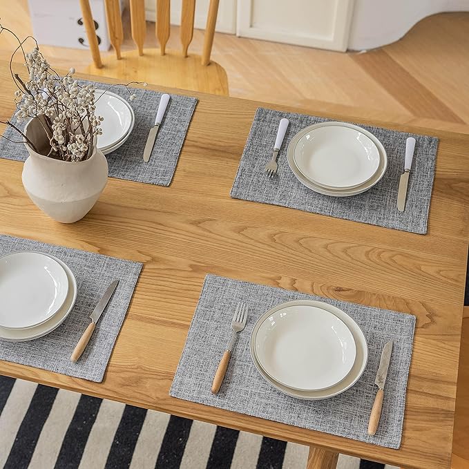 Demetex Grey Placemats Set of 4 Farmhouse Heat Resistant Linen Table Place Mats Washable Cloth Plate Mats for Party Picnic Buffet, Ash Grey