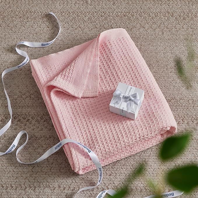 Bedsure 100% Cotton Blanket Queen Size for Bed - Breathable and Soft, Waffle Weave Blanket for Summer Spring, Pink, 90x90 Inches
