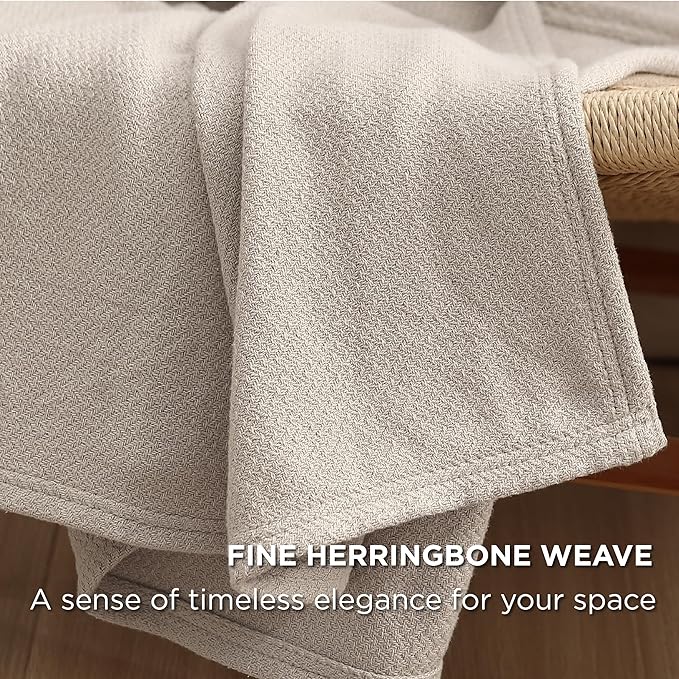 Bedsure 100% Cotton Blanket Twin XL Size for Bed - Breathable and Lightweight, Soft Cozy Textured Herringbone Woven Summer Blanket for College Dorm, Linen Beige, 66x90 inches
