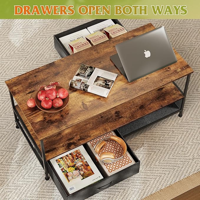 WLIVE Coffee Table, 39" Coffee Table with Storage & Drawers, 2-Tier Wood Center Table for Living Room, Apartment, Bedroom, Metal Table Legs, Rustic Brown