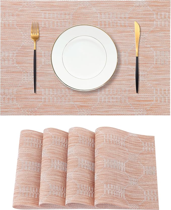 Leetaltree Coral Placemats Set of 4 - Heat Resistant Non-Slip Place mats for Dining Table, Washable Durable PVC Vinyl Woven Table Mats(Coral, 4)