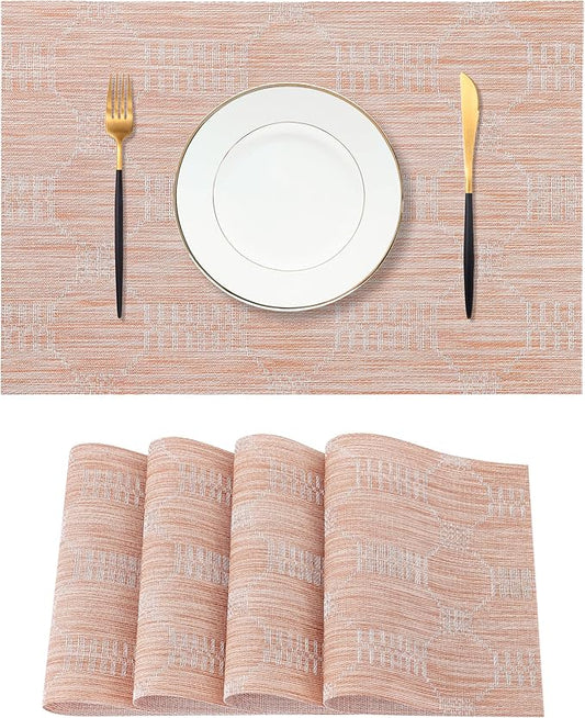 Leetaltree Coral Placemats Set of 4 - Heat Resistant Non-Slip Place mats for Dining Table, Washable Durable PVC Vinyl Woven Table Mats(Coral, 4)