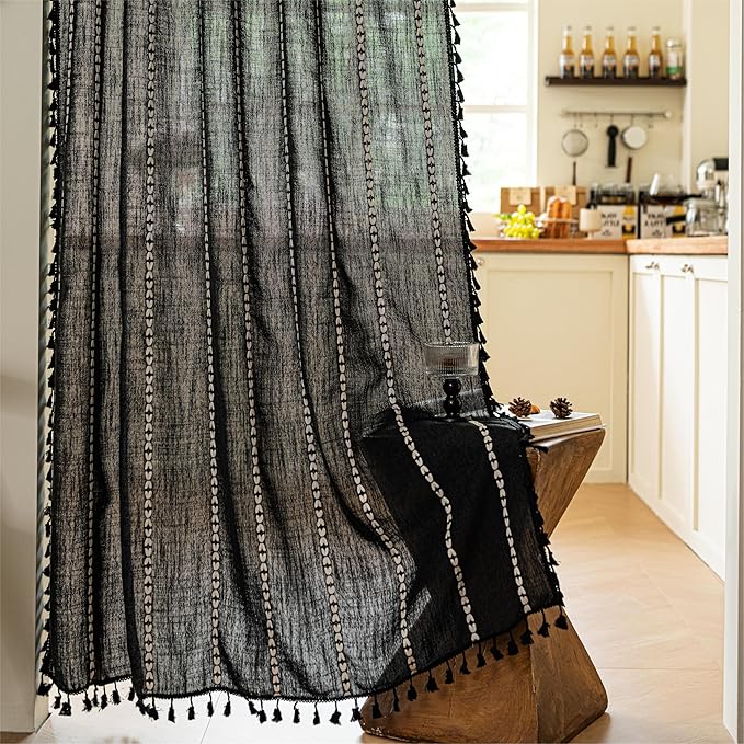 Sutuo Home Door Curtains for Doorway, Bohemian Semi Blackout Curtains Privacy Embroidery Stripes Decor for Temporary Room Dividers Bedroom Living Room, Rod Pocket 1 Panel 37" W x 80" L, Black