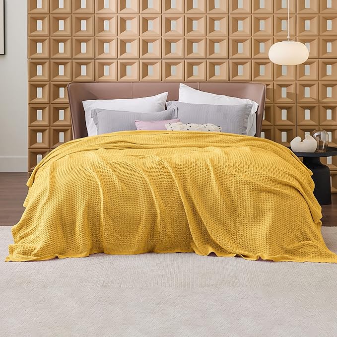 Bedsure 100% Cotton Blanket King Size for Bed - Breathable and Soft, Waffle Weave Blanket for Summer Spring, Mustard Yellow, 104x90 inches