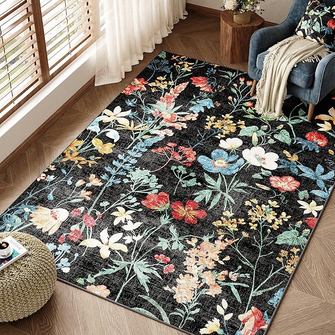 Black Area Rug 3x5 Office Floral Boho Door Mat Indoor Washable Kitchen Carpet Non Slip Bedroom Low Pile Lightweight Soft Throw Rug for Living Dining Room Bathroom