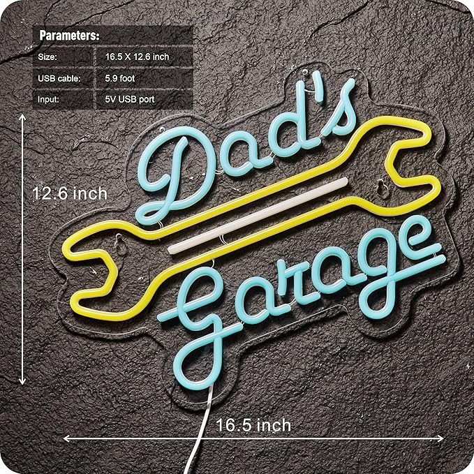 Garage Neon Sign for Wall Decor Dad's Garage LED Light Car signs for Auto Repair Shop Man Cave Workshop Gift for Father 12.6 x 16.5 in