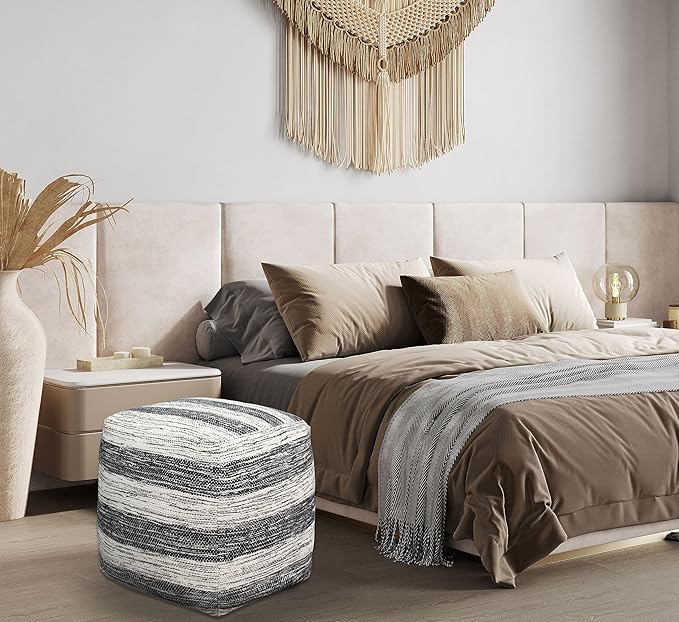 COTTON CRAFT Handwoven Stripe Dhurrie Pouf - Ottoman Foot Stool Bean Bag - Dorm Bedroom Home Décor Accent Seating - Boho Modern Comfortable Prefilled Cotton Pouf Footrest - 16 inch Square - Black