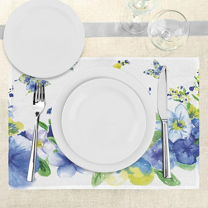 Ambesonne Yellow and Blue Place Mats Set of 8, Spring Flower Watercolor Flourishing Vibrant Blooms Design, Washable Fabric Placemats for Dining Table, Placemat 8 pcs, Royal Blue