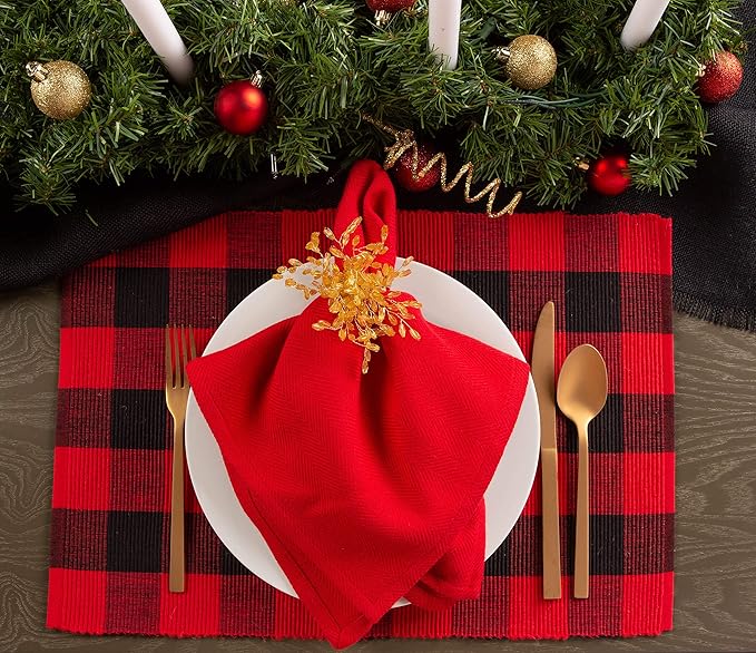 DII Buffalo Check Collection, Classic Farmhouse Placemat Set, 13x19, Red & Black, 6 Piece
