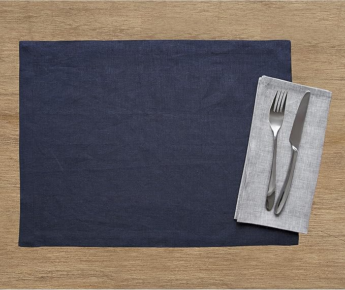 Solino Home Linen Navy Placemats Set of 4 - 100% Pure Linen Placemats 14 x 19 Inch for Summer - Fete