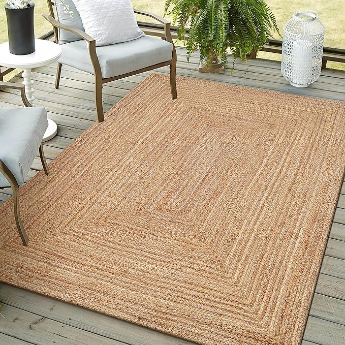 Hand Woven Farmhouse Jute Area Rug 5x8 Ft Round Natural Yarn, Rustic Vintage Beige Braided Reversible Rug, Eco Friendly Rugs for Bedroom, Kitchen, Living Room, Farmhouse 100% Jute Rug - Natural