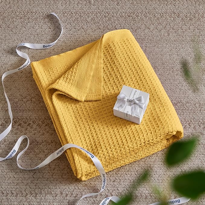 Bedsure 100% Cotton Blanket King Size for Bed - Breathable and Soft, Waffle Weave Blanket for Summer Spring, Mustard Yellow, 104x90 inches