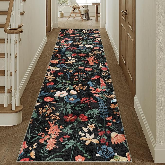 Floral Runner Rug 2x12 Washable Hallway Long Black Bedroom Carpet Non Slip Indoor Boho Kitchen Low Pile Accent Rug Lightweight Soft for Bathroom Dining Laundry Living Room