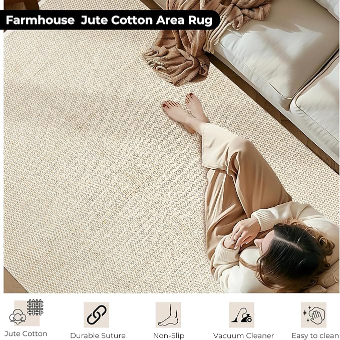 Bedding Craft Jute Cotton Matty Area Rug for Living Room 36x60 Inch - Natural - Machine Washable 3x5 Feet Rugs - 70% Jute and 30% Cotton