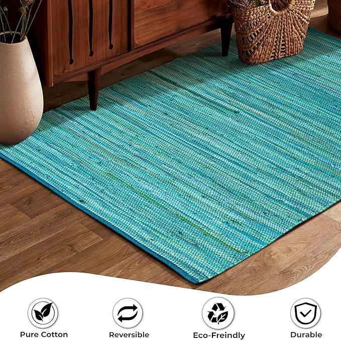 Rug Area Rugs Cotton Teal 3x5 Ft Multicolour Chindi for Livingroom Bedroom Washable RagRug Reversible Farmhouse Kitchen RunnerRug Carpet Area Runner Mat for Hallway, Entryway