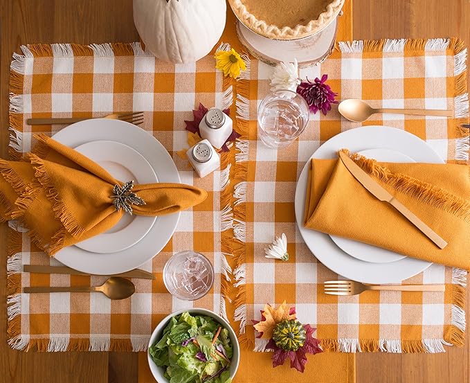 DII Heavyweight Fringed Check Tabletop Collection, Placemat Set, 13x19, Pumpkin Spice, 6 Piece