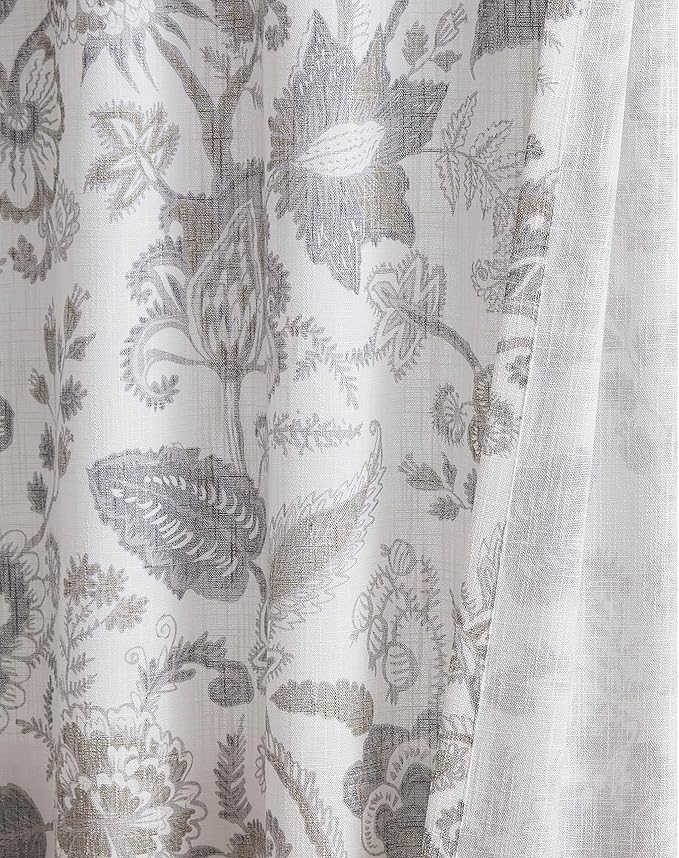 Kayne Studio Linen Grey Curtain Panels Linen Textured Botanical Leaf Print Floral Farmhouse Linen Curtain Drapes Light Filtering Window Treatments Living Room Bedroom Rod Pocket Back Tab,52"x102"x2