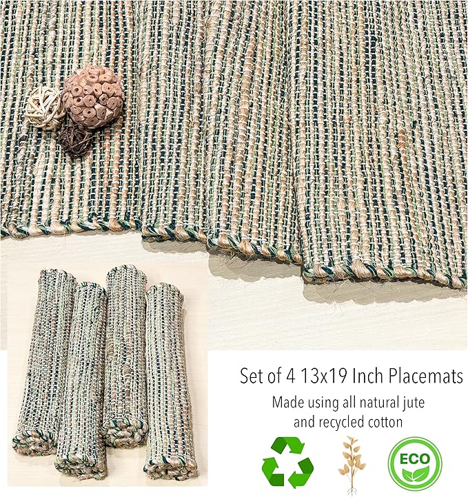 Chardin home Natural Jute - Ombre Green Placemats, Set of 4 13x19 Inch Table Mats, Rustic Handmade Boho Placemat, Perfect for Holidays, Dinner Parties and Also Everyday Meals