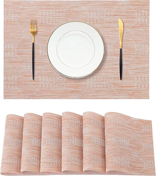 Leetaltree Coral Placemats Set of 6 - Heat Resistant Non-Slip Place mats for Dining Table, Washable Durable PVC Vinyl Woven Table Mats(Coral, 6)